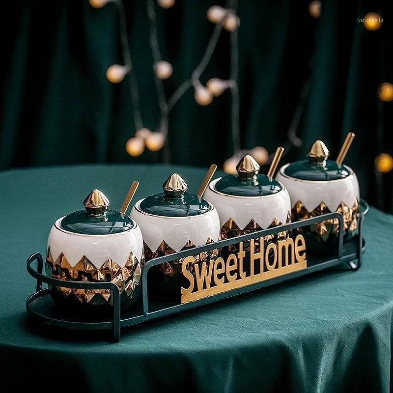 

Storage Bottles & Jars Nordic Luxury Seasoning Box Household Pot Rack MSG Salt Sugar Bowl Ceramic Kitchen Utensils