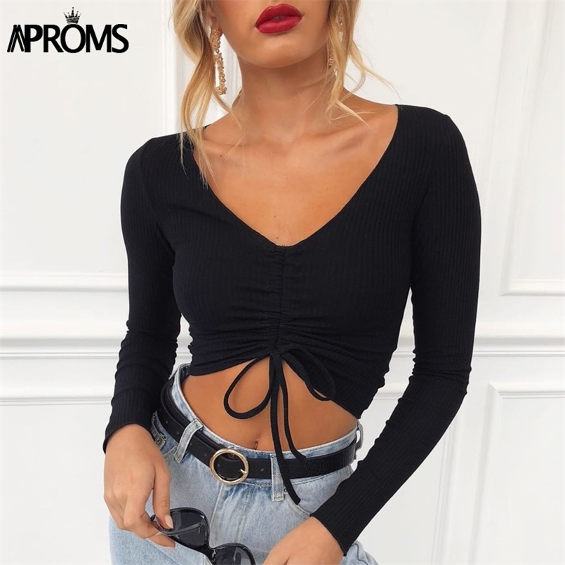 

Aproms Sexy V Neck Ribbed Cropped T-shirt Women Elegant Drawstring Tie Up Ruched Tshirt Streetwear Solid Slim Crop Top 210708, Army green