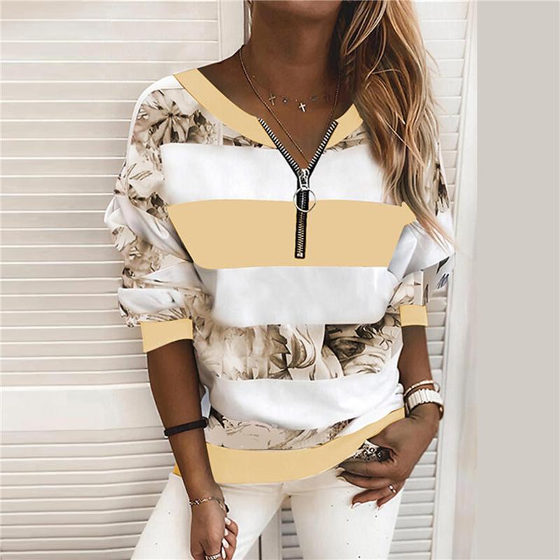 

Women's T-Shirt Blouse Women 2021 Striped Floral Print V-neck Stitching Zip Long Sleeve Pullover Sweatshirt High Quality T Shirts Fashion, Yellow