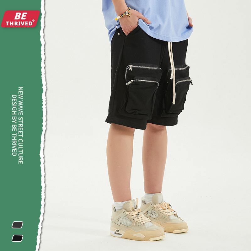 

be men's wear | 2021 spring and summer double pocket strap used shorts high street rock trend casual, Black