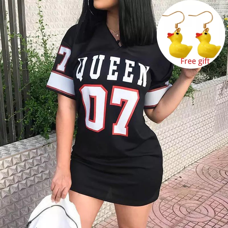 

2021 Summer Woman's T-Shirt Dress Casual V-Neck Queen 07 Letter Print Hip Hop Mini Vestidos Short Sleeve Female Fashion Clothes, Black