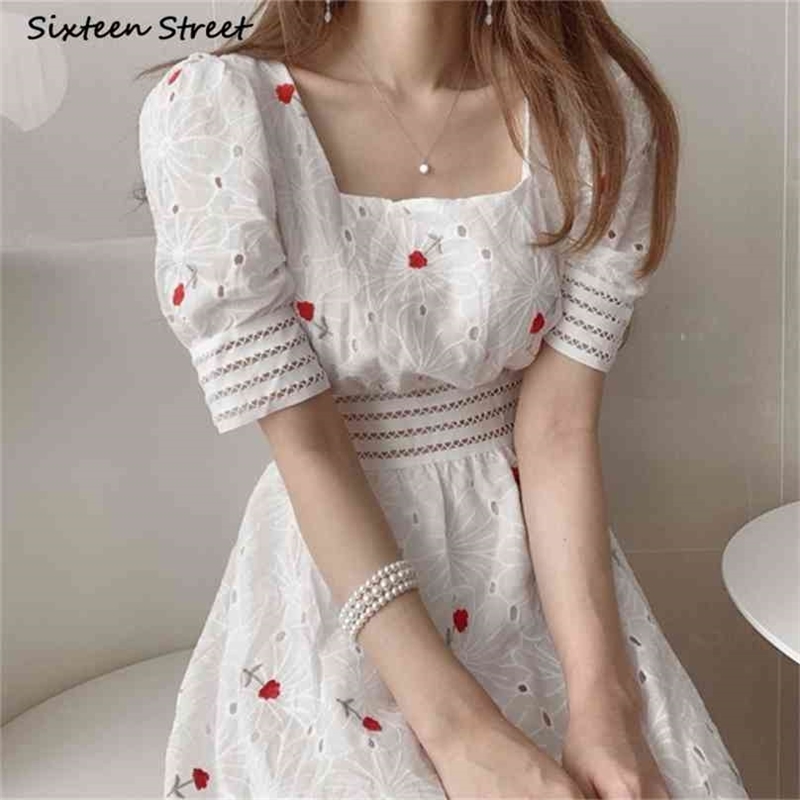 

Embroidery White Dress for Woman Summer Square Collar High Waist Vestido es Puff Sleeve Elegant Female 210603, Gray