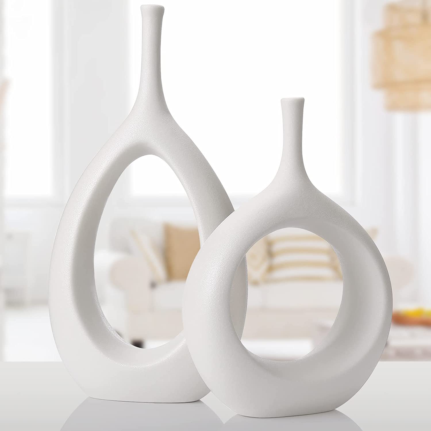 

White Ceramic Hollow Vases Set of 2 Decor Modern Decorative Vase Centerpiece for Wedding Dinner Table Party Living Room Office Bedroom, Housewarming