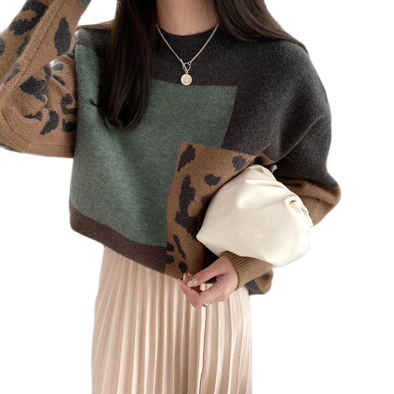 

Women's Sweaters .Y.FANTASY 2021 Winter Vintage Leopard Patchwork Sweater Women Casual Cashmere Knitted Pullovers Ladies Outwear Oversized, White;black