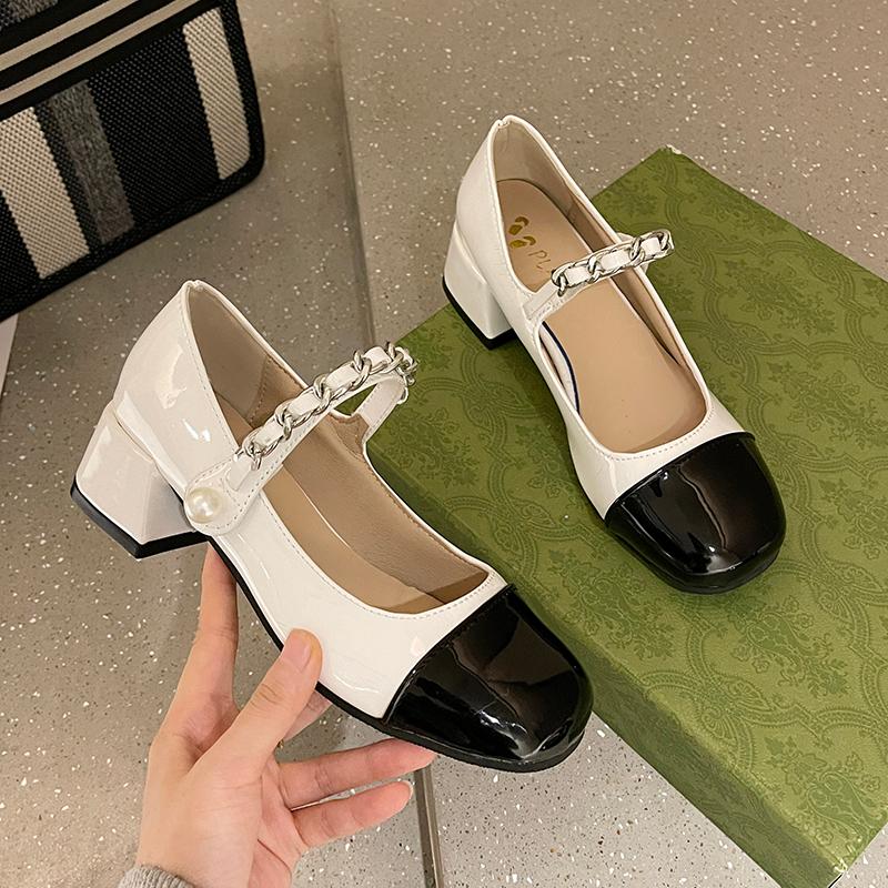 

Dress Shoes Mary Janes Women 2022 Spring Chunky Lolita Shallow Pumps Square Toe Mid Heels Mujer Zapatos, White