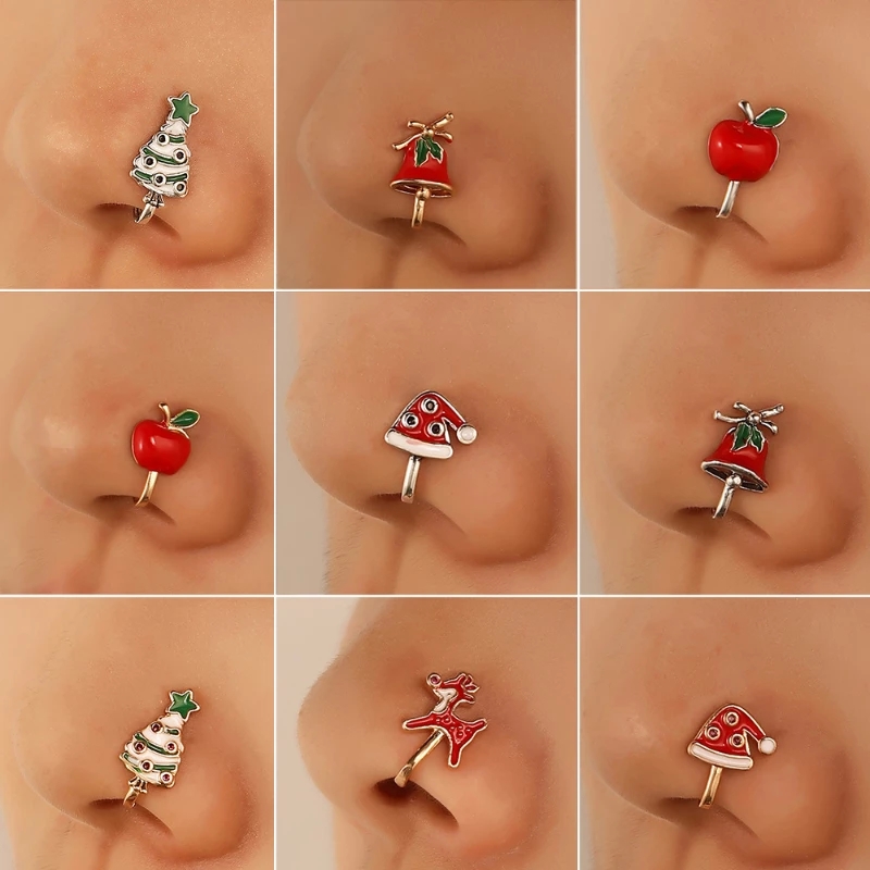 

Christmas Series Fake Piercing Nose Ring Christmas Tree Santa Clip on Nose Ear Clip Cuff for Women Girl Gift Body Jewelry