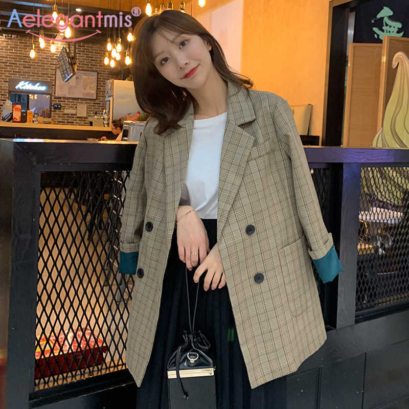 

Aelegantmis Classic Plaid Blazers Women Casual Bouble Breasted Long Blazer Jacket Retro Suits Coat Office Lady Outerwear OL 210607, As shown