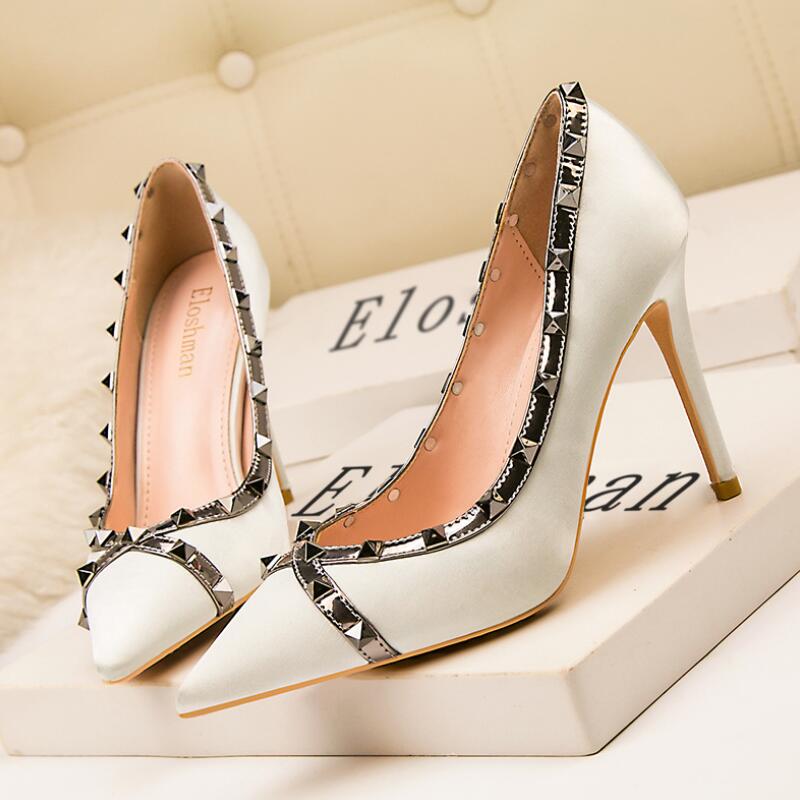 

Ladies Luxury Shoes Red Soles High Heels Bright Rivets Three Black Grey Blue Satin Suede Fashion Party Wedding Shoes, Bronze