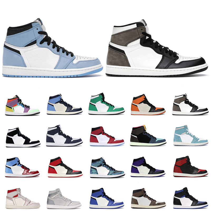 

2021 Mens trainer 1s University Blue Dark Mocha Obsidian lucky green bred 4 4s black cat white cement sports shoes 7-12