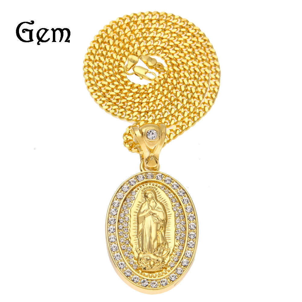 

New hip hop jewelry inlaid with Virgin Mary OVAL DIAMOND three dimensional two color Pendant