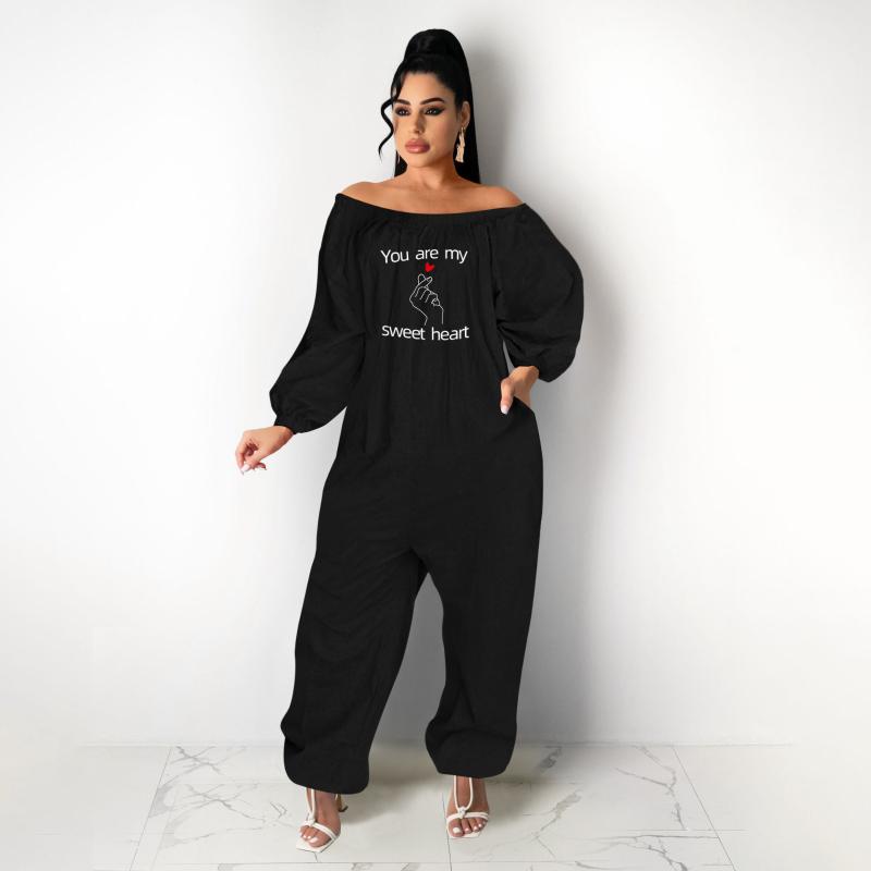 

Plus Size Tracksuits Perl Sexy Off Shoulder Women Jumpsuit Letter Printed Solid Color Rompers Full Sleeve Overall Night Club Wear Pocket One, Black