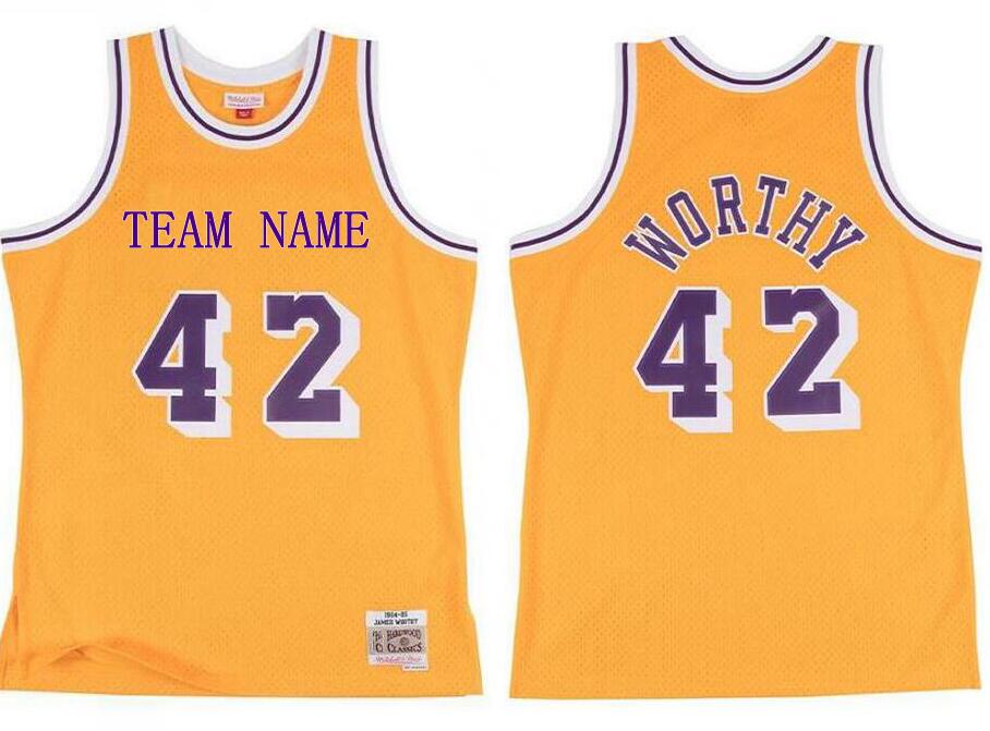 

Custom S-6XL Men women and youth stitched basketball jerseys 42 James Worthy jersey yellow purple Mitchell & Ness 1984-85 Hardwoods Classics retro wear