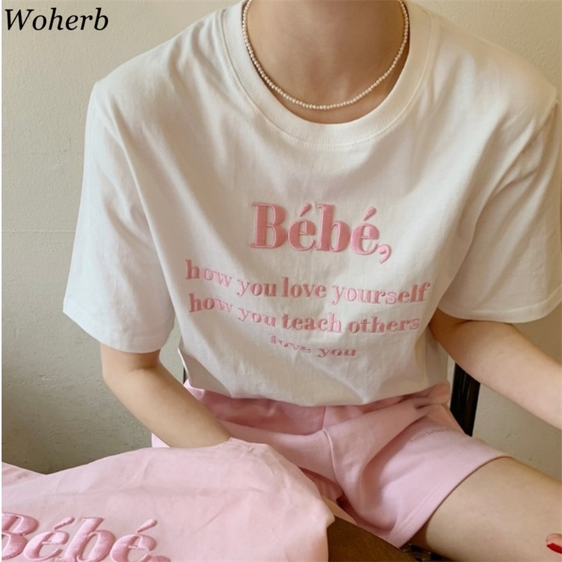 

Woherb All Match Short Sleeve T Shirt Women Letter Print Korean Chic Loose Causal Tops Summer Ladies T-shirts Y2k Tees 210708, Pink