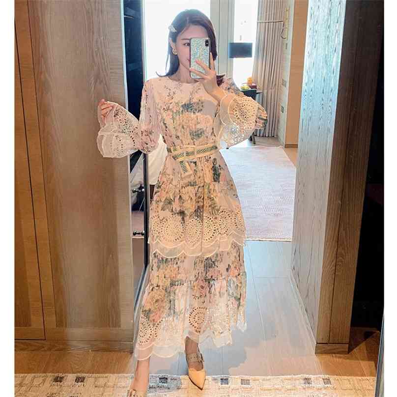 

O-Neck Vintage Long Dress Woman Belt Floral Printed Sleeve Elegant Maxi Vestido Autumn Spring Female 210603, Picture color