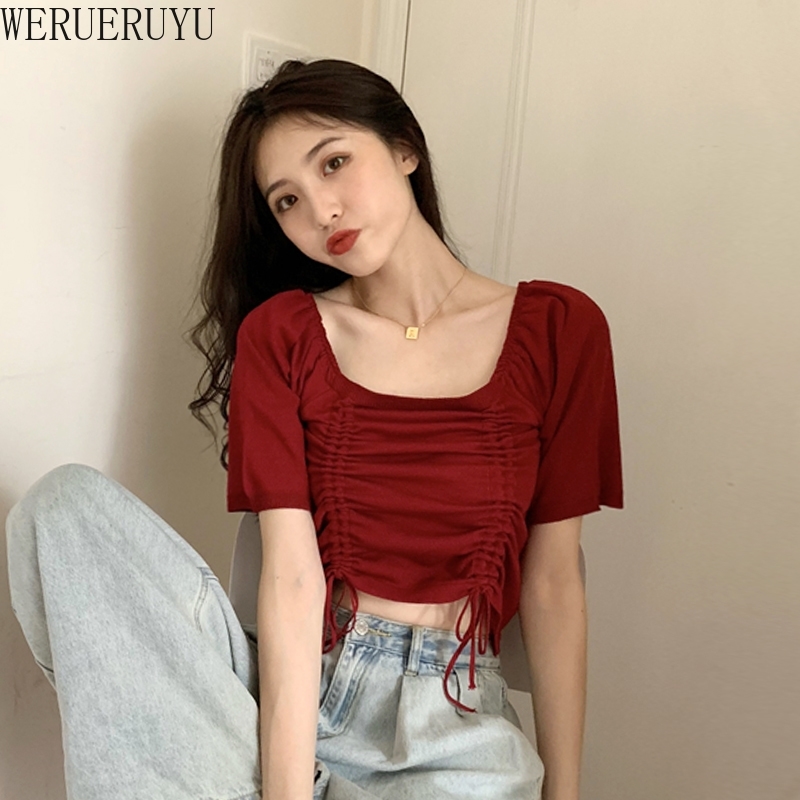 

WERUERUYU Tops Women Drawstring Sexy For Cotton Summer 210608, Photo color
