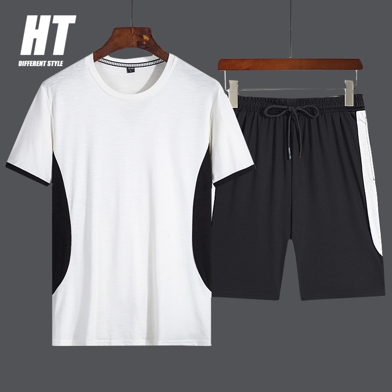 

Men Summer Casual Set Fashion Patchwork Sportswear Suit Short Sleeved Tshirt+Shorts Hip Hop Street Jogging Male Tracksuit 2 PCS 210603, Yjgf2070white