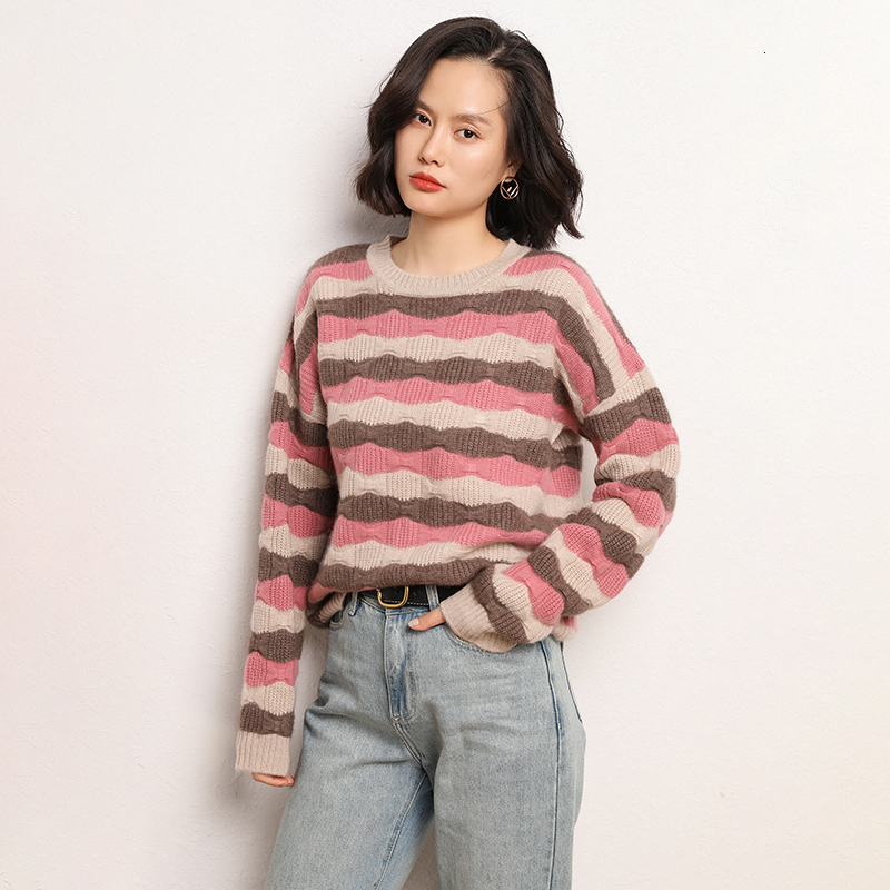 

2021 New 100% Cashmere O-neck Knitting Jumper Long Sleeve Female Thickening Women's Warm Women Autumn Winter Sweater Oa1q, Pink