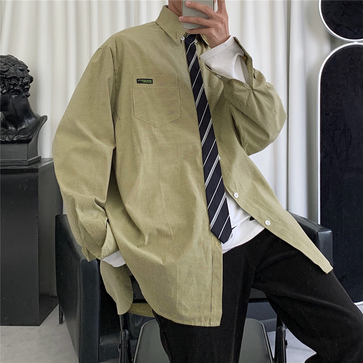 

2021 New Send Necktie Men's Pure Color Hawaiian Shirt French Cuff Mens Coats Fashion Long Sleeves Loose Shirts Camisa Masculina 5yuu, Light yellow