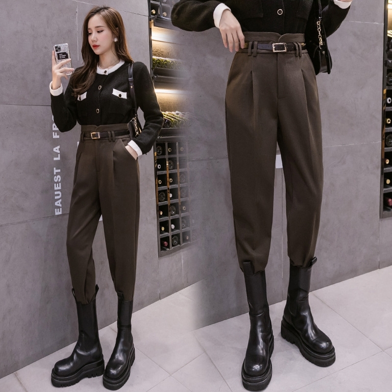 

Autumn Winter Women' Ankle-Length Pants Wool Suit Thick Women High Waist Harem with Belt Womens Loose Trousers 210603, Black