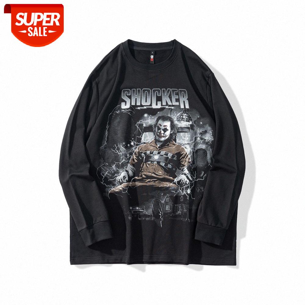 

Dark character printing long-sleeved t-shirt men's street flow loose round neck pullover bottoming shirt #as5p, White;black