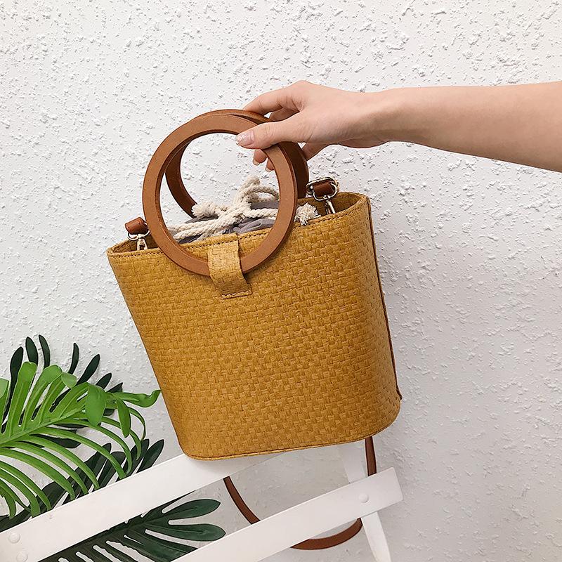

YourSeason Ladies Straw Woven Bag 2021 Large Capacity Drawstring Bucket Casual Female Beach Shoulder Crossbody Wood Handbag, Beige