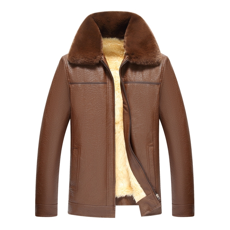 

Middle aged and elderly fur collar men's jacket leather coat, Type a- brown