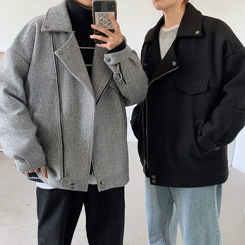 

2021 New Short Men's Fashion Solid Color Casual Korean Style Zipper Coat Men Streetwear Loose Woolen Jacket Mens -3xl E84g, Black