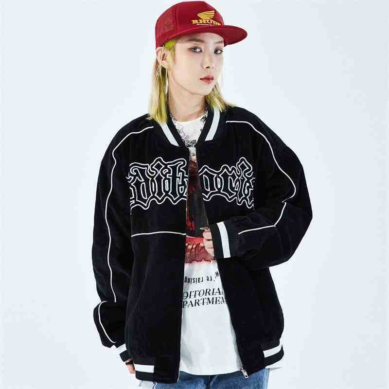 

Letter embroidered corduroy men's street fashion brand loose stand collar jacket BF style trend bomber, Black;brown