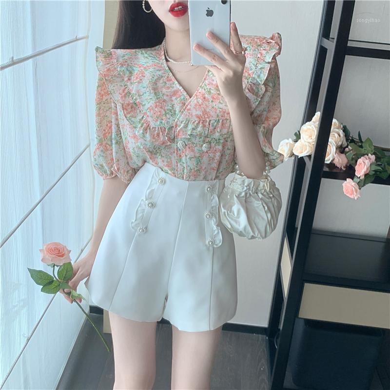 

Women' Tracksuits Summer Women Temperament 2 Pieces Sets Elegant Flowers Big Lapel Puff Sleeve Chiffon Shirt Top + High Waist Shorts Suit, Photo color