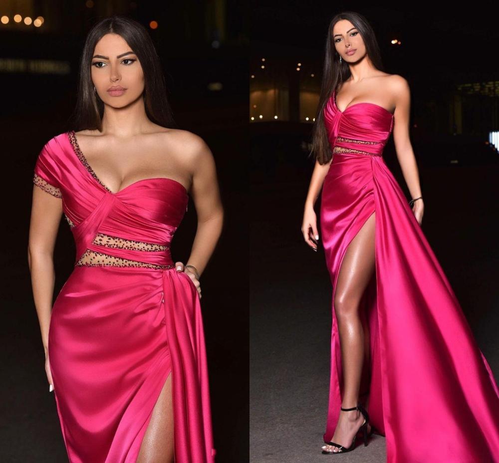 

2021 New Arabic Sexy Cheap Beaded Slit Evening Es One Shoulder Prom High Split Formal Party Second Reception Gowns Ggy0, Gold