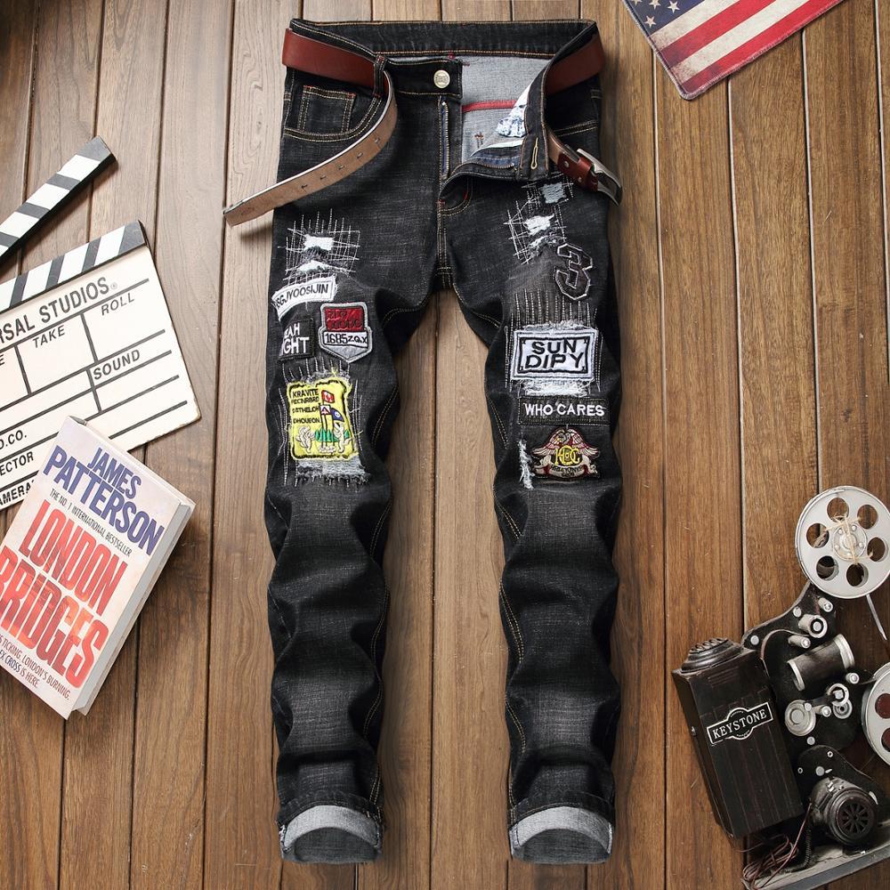 

2021 New Designer Men's Fashion Patch Hole Ripped Jeans Slim Straight Washed Denim Pants Hip Hop Personality Long Trousers Vssg, Black