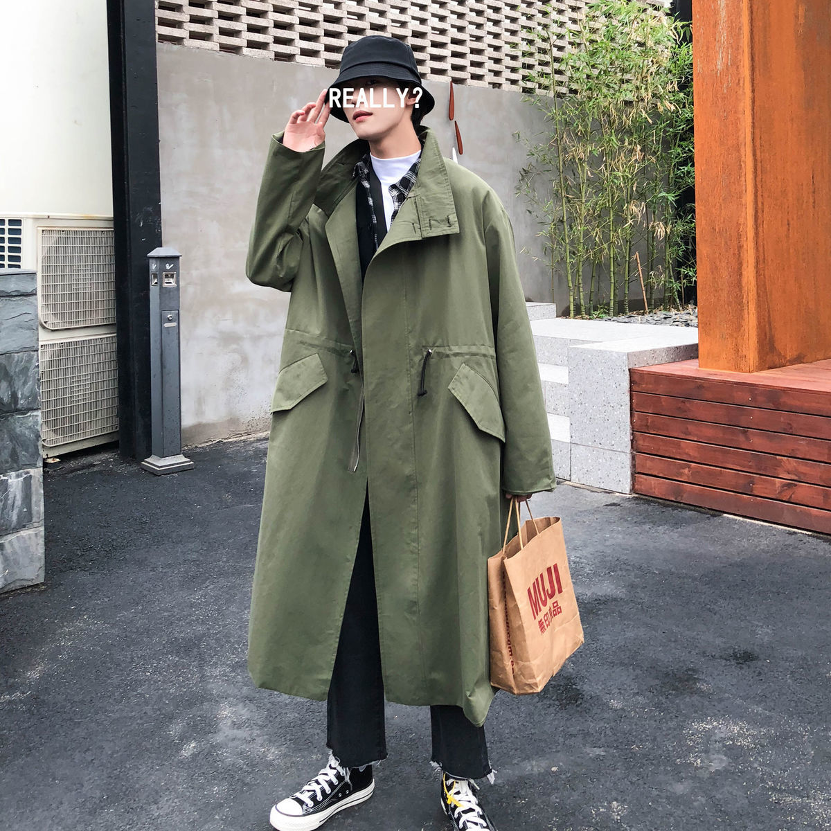 

2021 New Male Autumn Mid-length Trench Loose Clothes Broad Youth Fashion Long Coat Army Medium Green Jackets -xl Bzmt, Light color