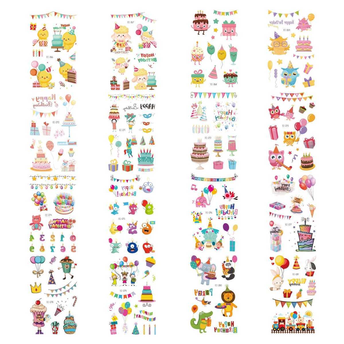 

16pcs Birthday Tattoos Stickers Temporary Cute Cartoon Animal Cake Image Tattoo Sticker for Kids Body Art Party Decor Gift