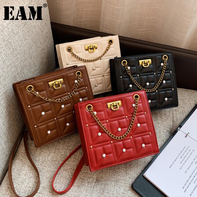

[EAM] Women New Embroidery Pearls Square Luxury PU Leather Personality All-match Crossbody Shoulder Bag Fashion 2021 18A1389, Black