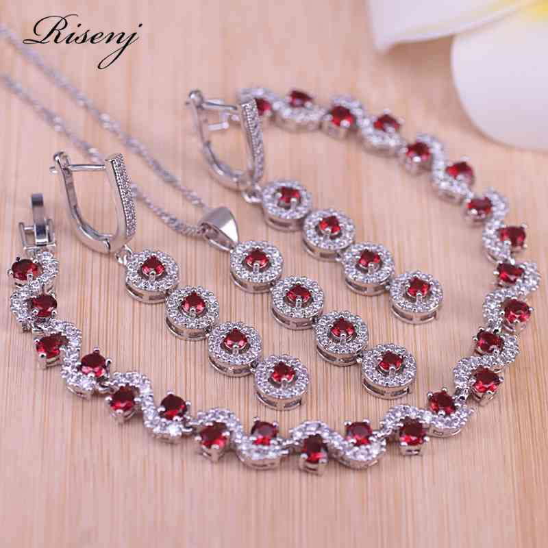 

Risenj Lucky Colors Red Cubic Zirconia Silver Color Jewelry set For Women Earrings Necklace Bracelet Set Engagement Present