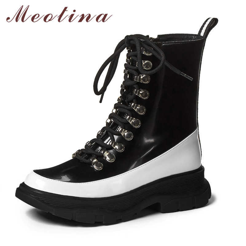 

Meotina Ankle Boots Women Shoes Genuine Leather Platform Mid Heel Motorcycle Boots Zip Lace Up Wedge Heels Short Boots Black 40 210608, Black synthetic lin