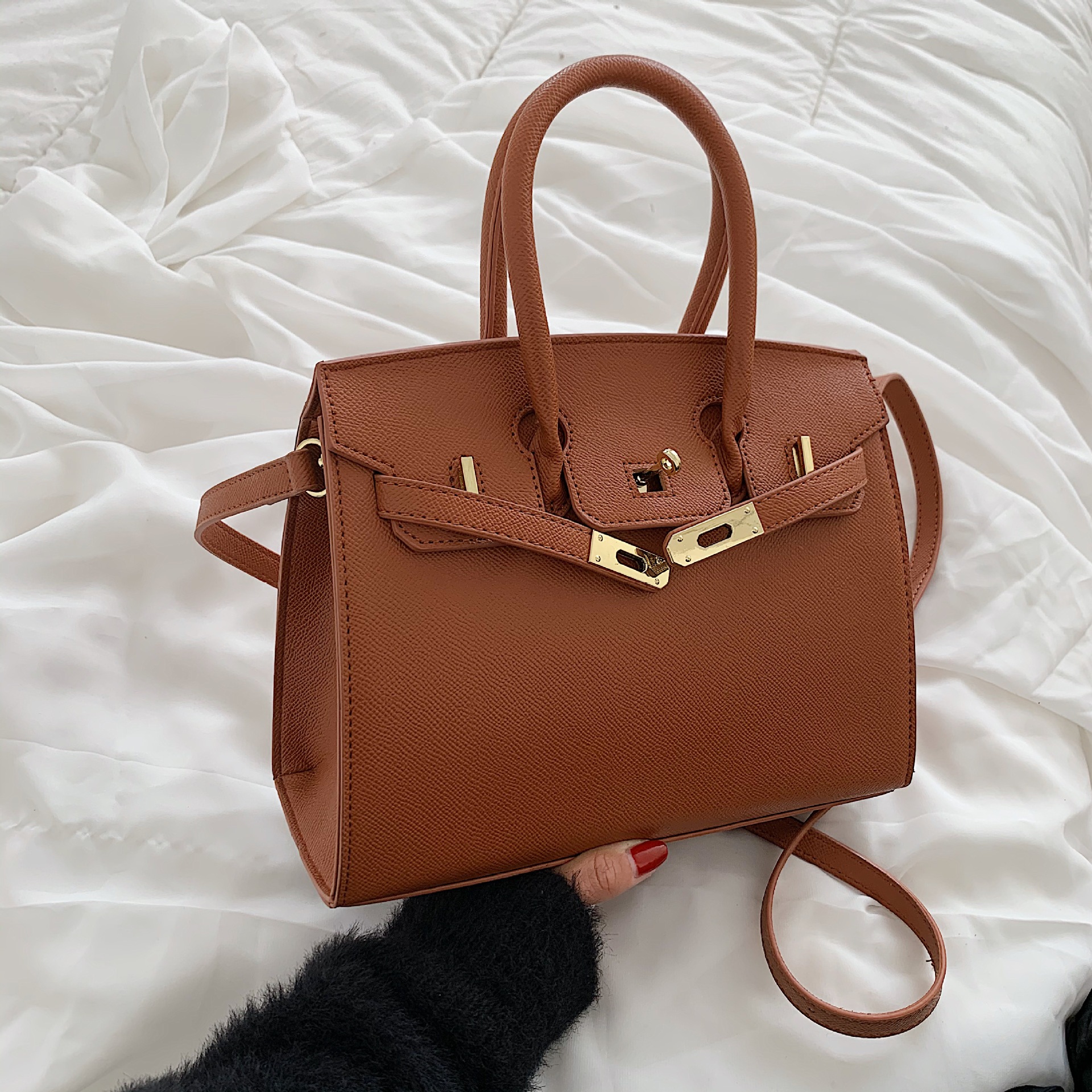 

classical Retro tote bag trend texture birkin bag fashionable women handbag, White