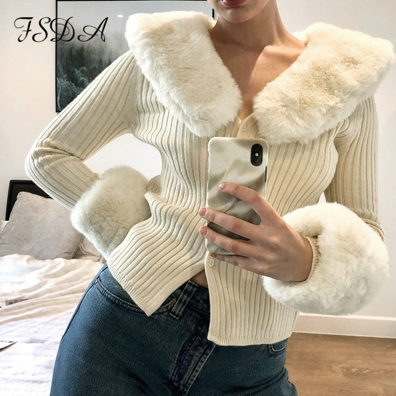

2021 long sleeve crop cardigan women knitted winter autumn brown with fur jumper fashion vintage sweater y2khigh quality, White