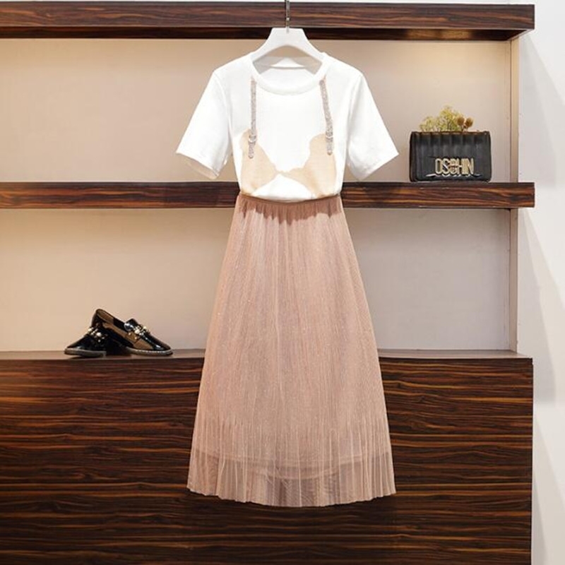 

Pink Women Sweet Suits Summer Short Sleeve Irregular Tshirt and Elastic Waist Mesh Patchwork Skirt 2PCS Set 210525