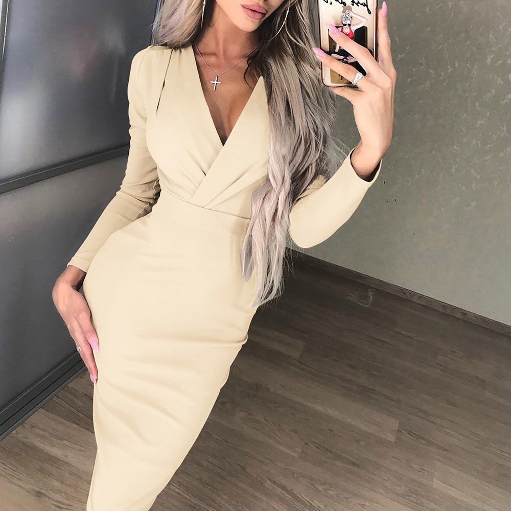 

2021 New Spring Long Sleeve v Neck Knee-length Pencil Elegant High Waist Solid Office Lady Bodycon Vintage Casual Kbzj, Red