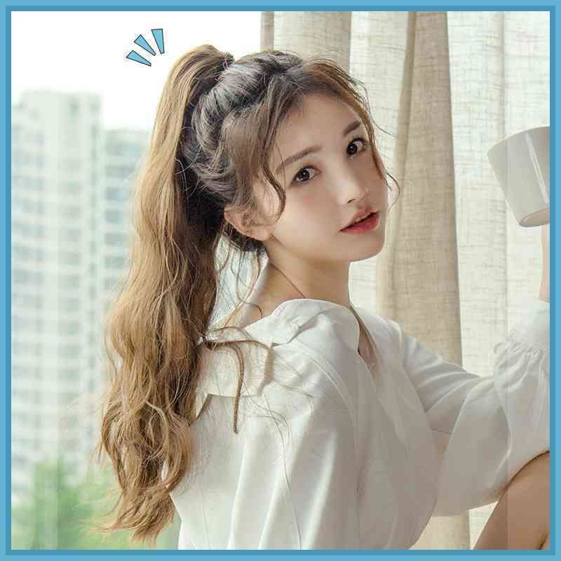 

wig women's high Ponytail gripping net red corn perm natural big wave long curly ponytail, Black brown