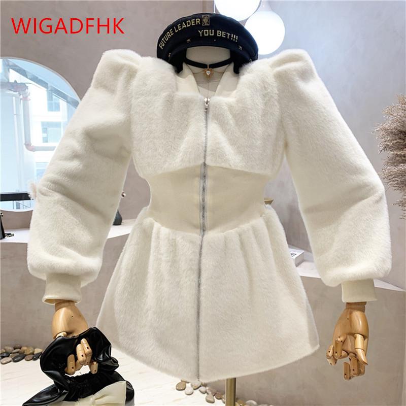 

Women's Jackets 2021 Winter Korean Style Quilted Thick Mid-length Plush Jacket Female V-neck White Waist Puff Sleeve Zipper Top, Photo color