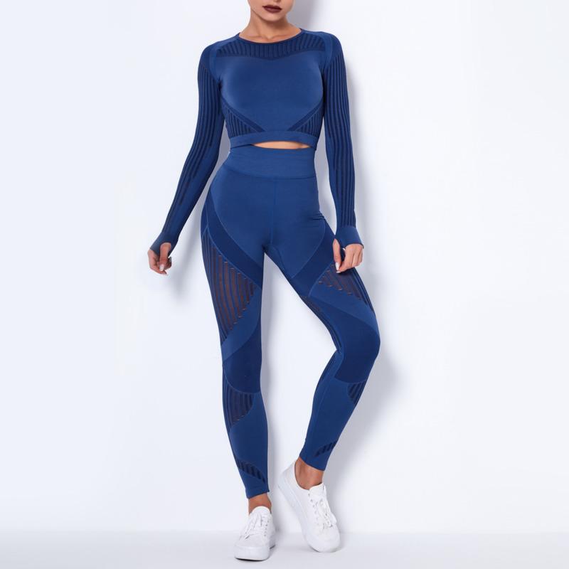 

2 Pcs Mesh Seamless Women Yoga Set Long Sleeve Crop Top High Waist Leggings Running Gym Suit Female 2021 Sportwear Yoga Set, Top light gray