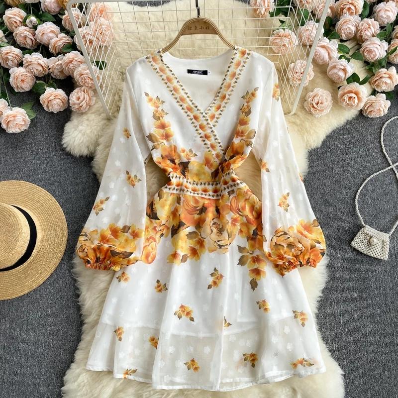 

Casual Dresses Boho Runway Women Luxury Long Puff Sleeve Party A-Line Elegant Spring Dress High Waist Autumn Printing Chiffon 6053, Yellow