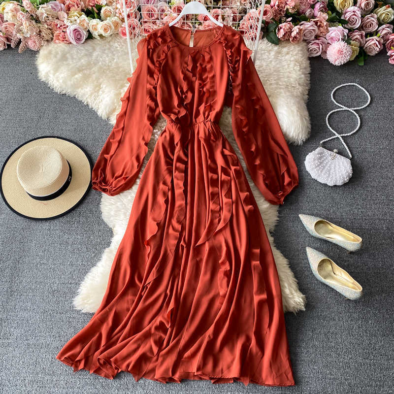 

Autumn Winter Solid Green/Red/Pink Chiffon Long Dress Women Elegant Round Neck Long Sleeve Loose Vestidos Female Fashion Robe Y0603, Brown