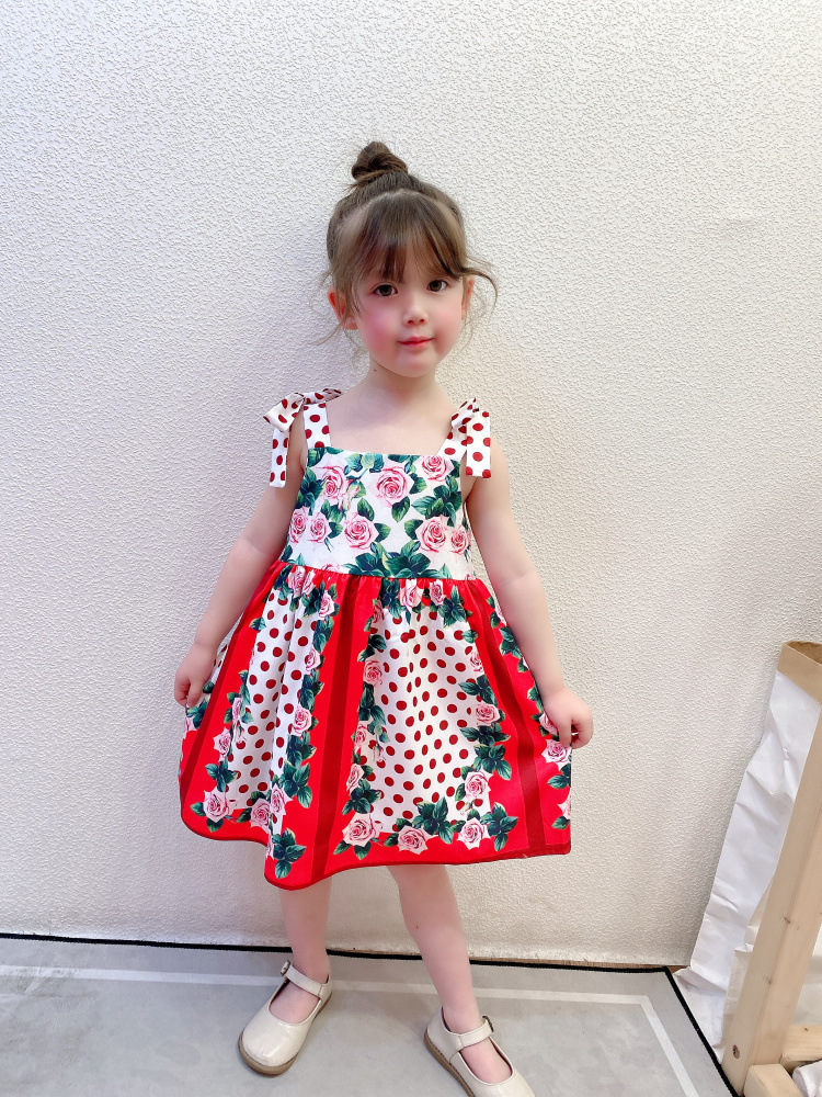

Luxury Girls Rose Printed Dress 2021 Summer New Children Polka dots Bow Suspender Dress Kids Cotton Pleated Dress A6117, Red;yellow