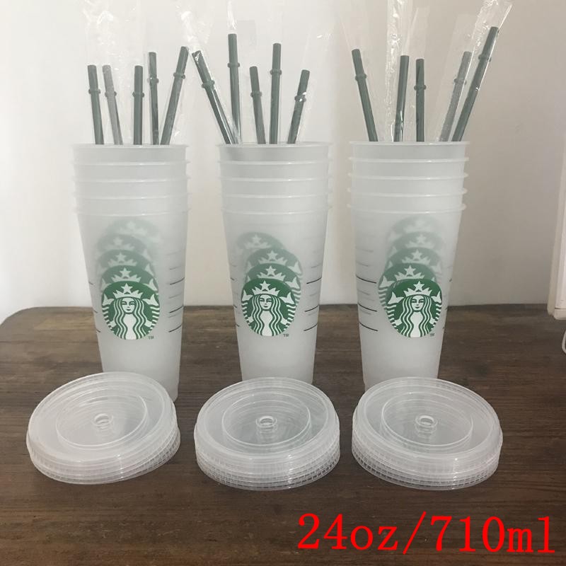 

starbucks mugs 24oz 710ml plastic tumbler reusable clear drinking flat bottom cup pillar shape lid straw mug bardian 100pcs dhl free, Transparent