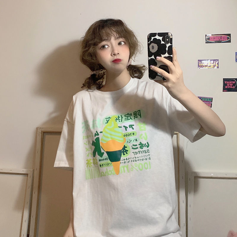 

2021 New Harajuku Kawaii Graphic t Women's Ice Cream Will Oversize Short Sleeve Korean Tops School T-shirt Clothes Z6yd, White