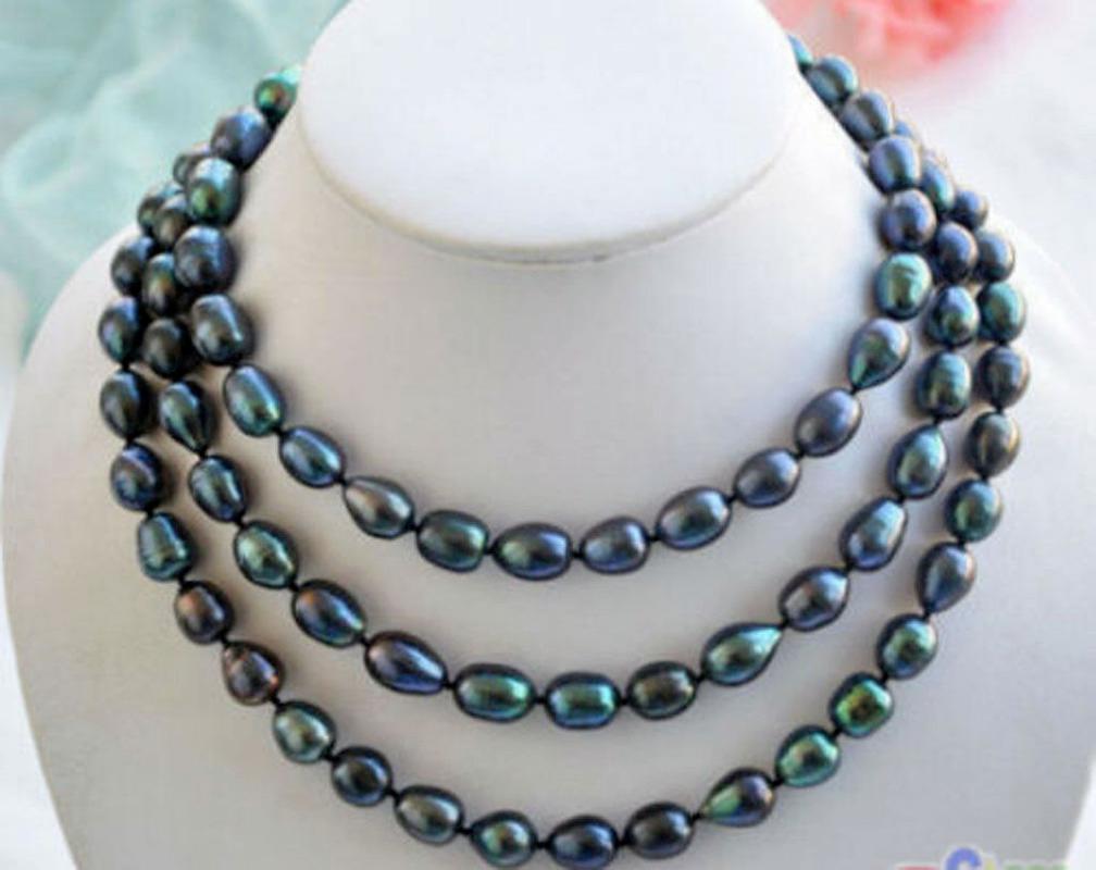 

Chains Long 34'' Natural 8-9mm Real Tahitian Black Baroque Pearl Necklace, Silver