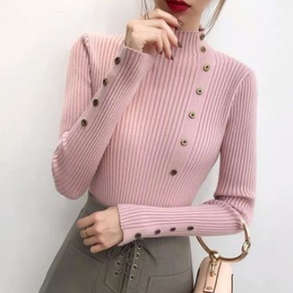 

2021 New Women Autumn Winter Solid Knitted Pullover Casual Button Turtleneck Female Knit Tops Warm Slim Sweater 0j2r, Apricot